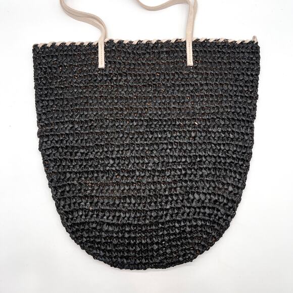 ANTHROPOLOGIE Straw Shoulder Bag Black White Tote Slouchy Casual Travel Light - Picture 4 of 13